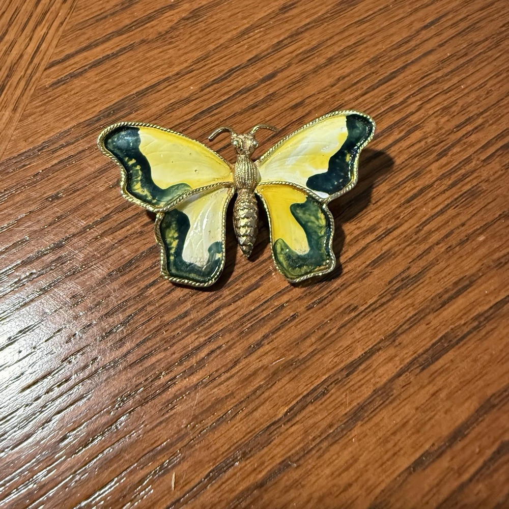 Vintage Yellow And Green Brass And Enamel Butterfly Pin Brooch